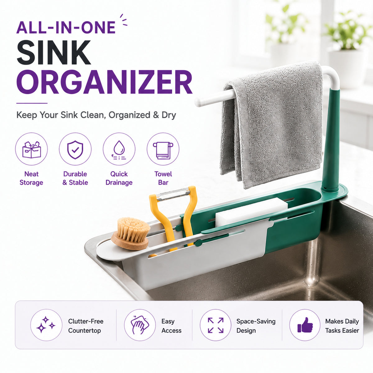 ✨ Adjustable Telescopic Sink Organizer – Drain, Dry & Declutter