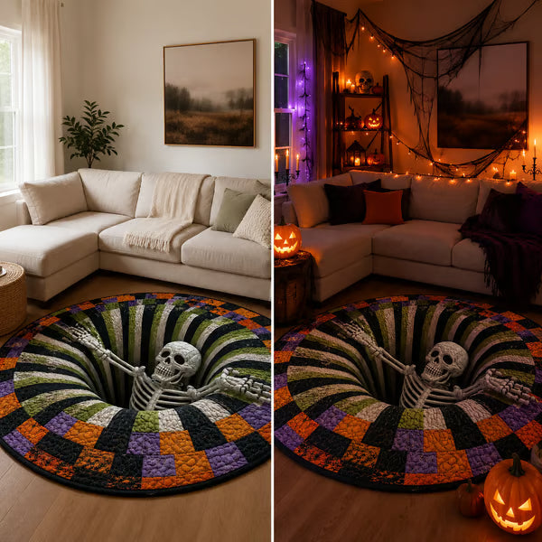 3D Skeleton Vortex Quilted Round Halloween Rug🎃