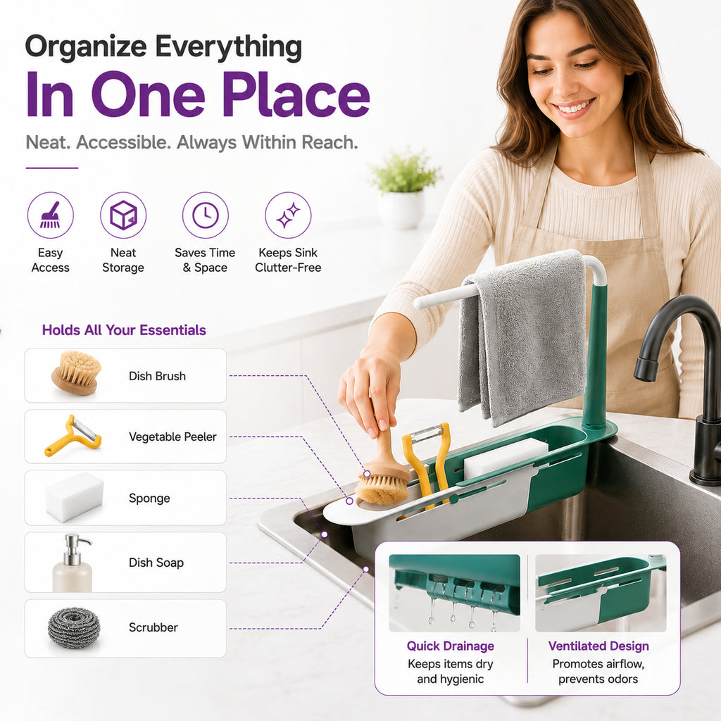 ✨ Adjustable Telescopic Sink Organizer – Drain, Dry & Declutter