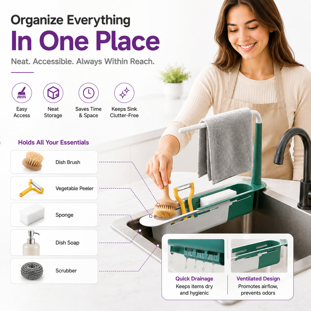 ✨ Adjustable Telescopic Sink Organizer – Drain, Dry & Declutter