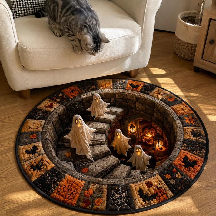 3D Skeleton Vortex Quilted Round Halloween Rug🎃
